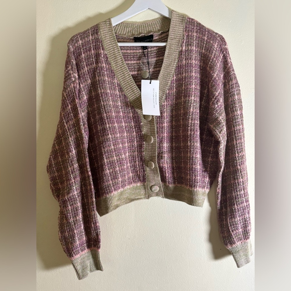 Cotton Candy La Plaid V-Neck Cardigan - Pink and Green
